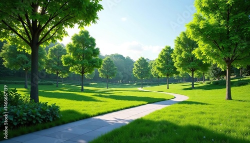 Modern park design, lush green lawns, winding pathways, color, lawn, urban