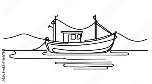Detailed Line Art Illustration of a Fishing Boat at Sea