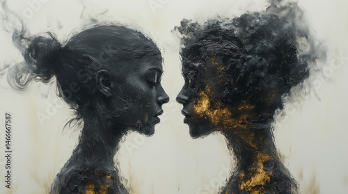 Abstract silhouettes facing each other with smoky texture, emotional connection concept. Dark profile portraits with gold accents expressing duality, relationship, and inner reflection