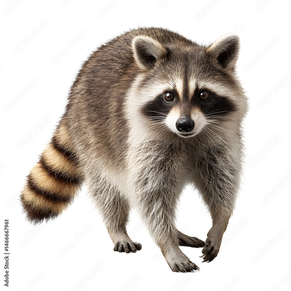 A curious raccoon with a striped tail and distinctive black mask cautiously approaches, its soft fur detailed against a clean, isolated white background. A curious raccoon with a striped tail and distinctive black mask cautiously approaches, its soft fur detailed against a clean, isolated white background.