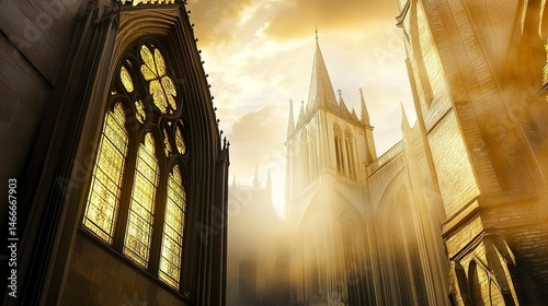 Cathedral at sunrise, spires piercing a misty sky, golden light touching stained glass windows, wide-angle dramatic framing.  