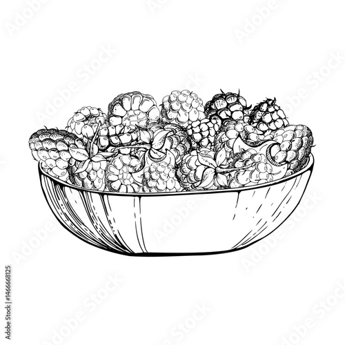 Raspberry served in glass bowl, ripe picked garden berry dewberry cloudberry mulberry tayberry boysenberry harvest. Isolated illustration hand drawn in vector ink. Farmers market grocery preserves