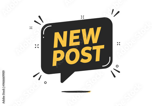 Vector badge with bold “NEW POST” in yellow on dark speech bubble. Ideal for social media, Instagram stories, reels, and content promotion.