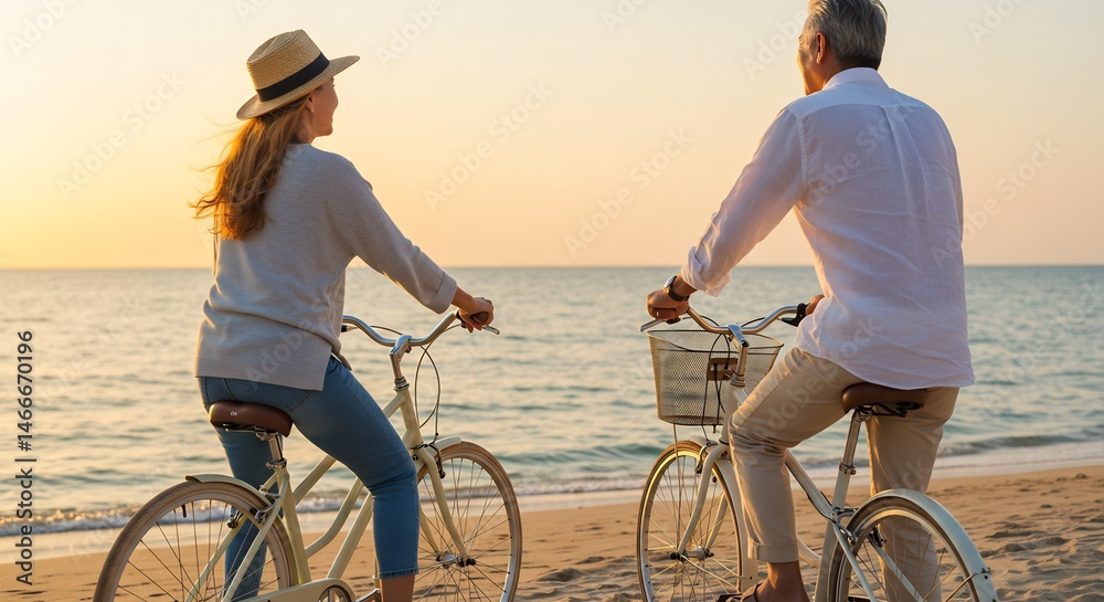 Fototapeta premium Happy senior couple enjoying a romantic sunset bike ride on a sandy beach