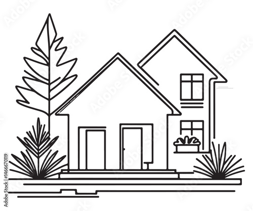 Minimalist Modern House Illustration with Trees and Plants For Architecture Design
