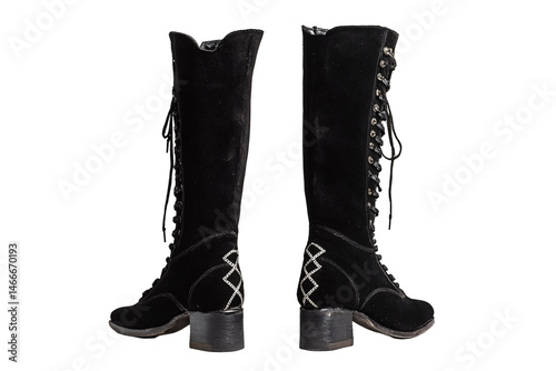 Isolated Pair of Black Boots with Embroidery photo