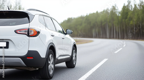 White SUV driving on winding road surrounded by trees, showcasing serene and peaceful atmosphere