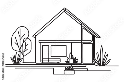 Modern House Facade Line Art Illustration for Architecture Designs