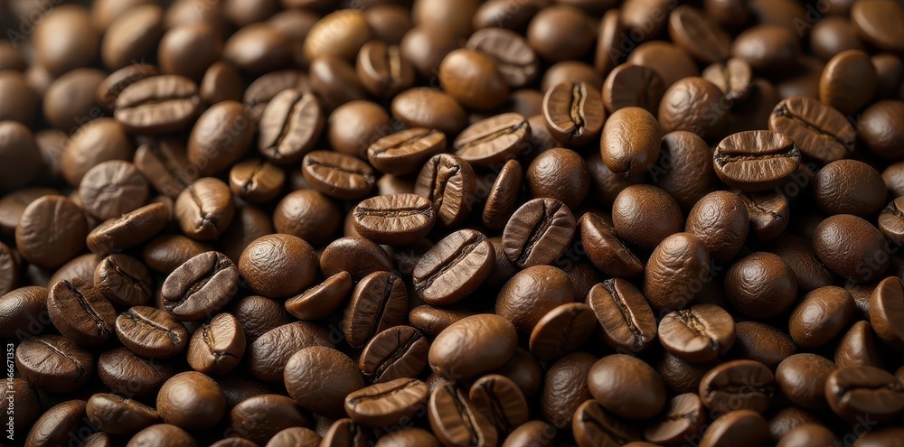 Obraz premium Rich brown coffee beans texture background, ample copy space , picture, close-up, seeds