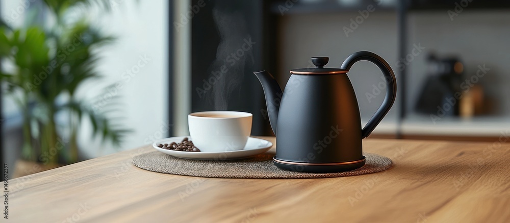 Fototapeta premium Hot Coffee and Kettle on Wooden Table