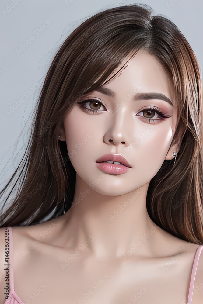Fototapeta premium Portrait of a young woman smiling with beautiful dark hair with beautiful skin and beautiful eyes.