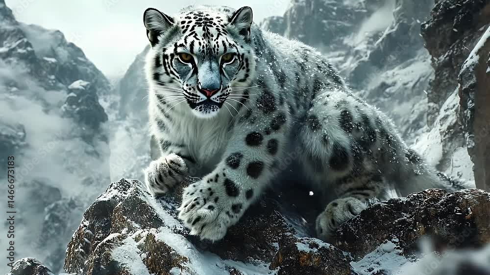 Majestic Snow Leopard on Snowy Mountain Peak