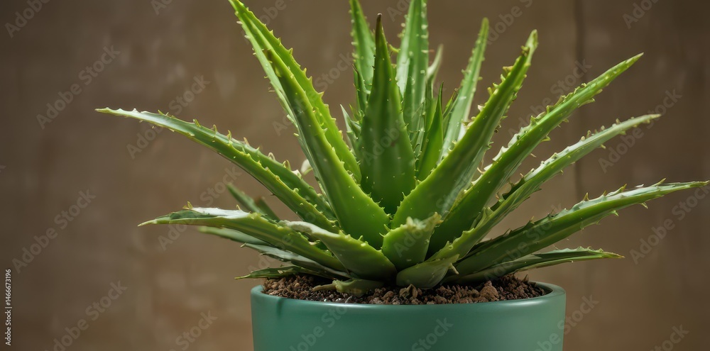 Fototapeta premium A succulent aloe vera plant thrives in a vibrant green ceramic pot , green pot, leaves, medicine