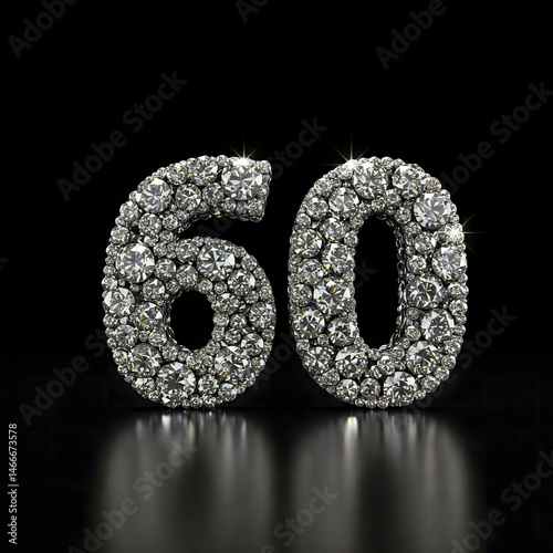 Prestigious Diamond Number 60: Sparkling Sixty Gem for 60th Anniversary or Birthday Celebration. Luxurious 3D render, isolated on reflective black background.