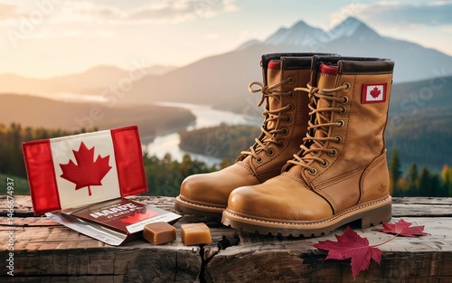 autumn Ontario, Canada, Canadian Hiking Boots, Flag, and Treats, Mountain View