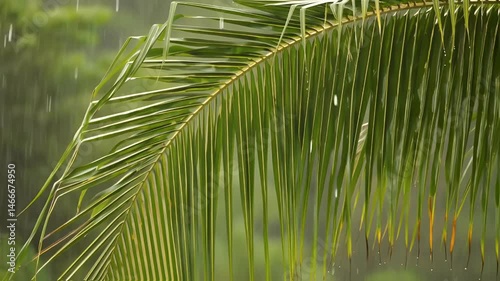 Tropical Rain on Palm Leaves – Warm Humid Atmosphere with Soft Blurred Background