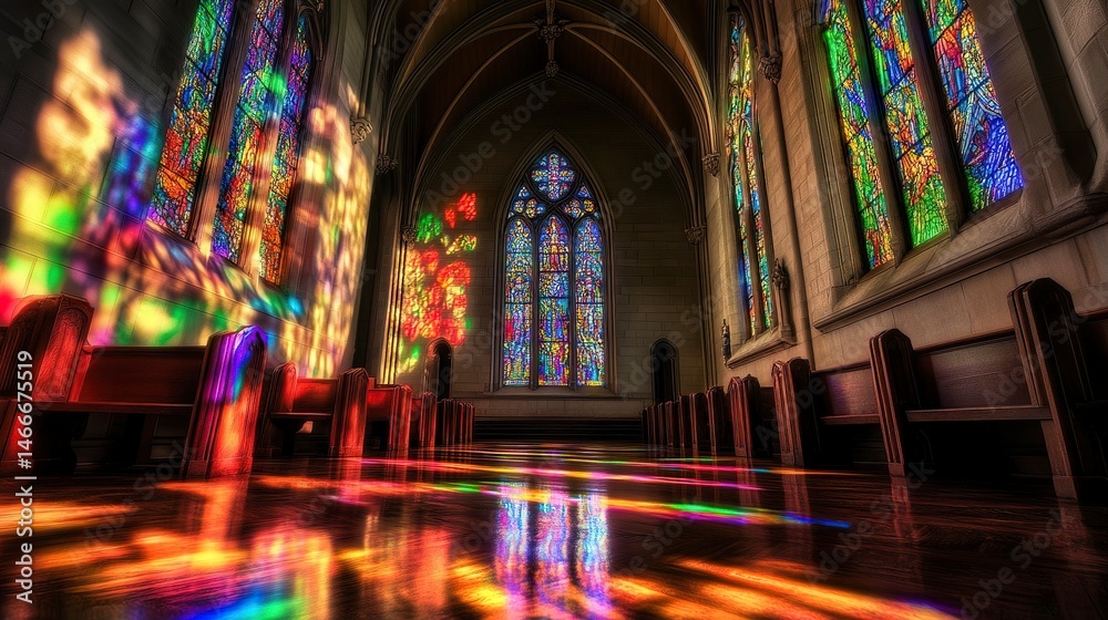 Obraz premium Dark cathedral interior, radiant stained glass windows creating colorful reflections on aged stone, quiet and mystical atmosphere, centered perspective. 
