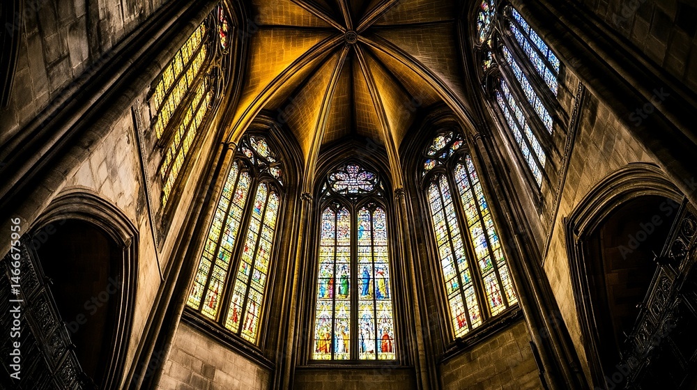 Dark cathedral interior, soft light from stained glass windows breaking through the shadow, intricate details illuminated faintly, centered low-angle view. Dark cathedral interior, soft light from stained glass windows breaking through the shadow, intricate details illuminated faintly, centered low-angle view.