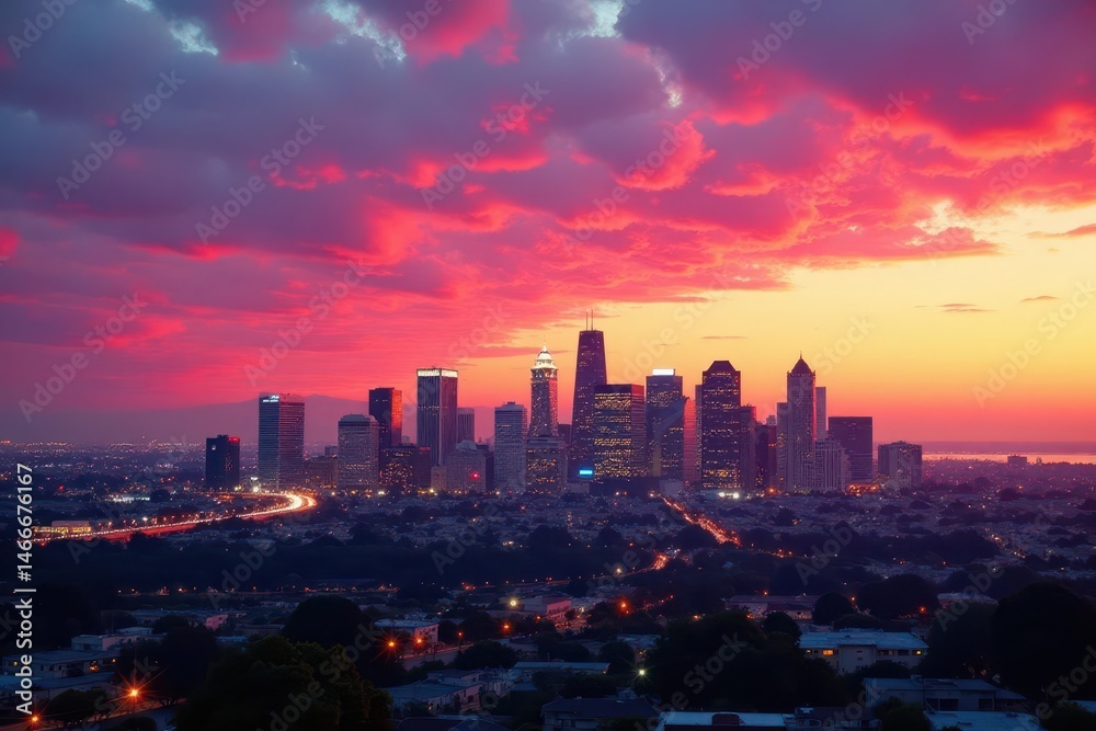 Fototapeta premium Sunset hues paint cloudy sky above San Diego's downtown skyline , photography, coast