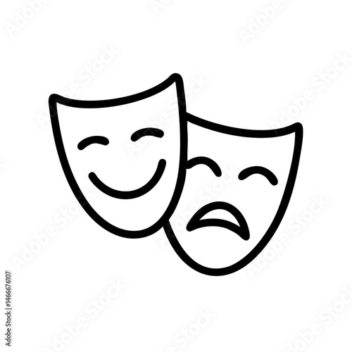 Minimalist black outline vector icon of theater masks representing comedy and tragedy. A classic and symbolic design for drama, performance, and the world of theatre.