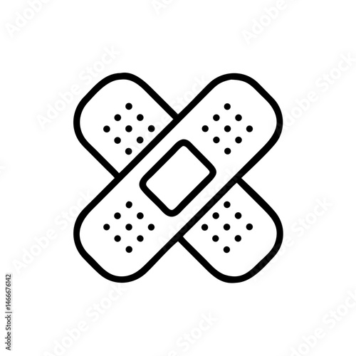 Minimalist black outline vector icon of two overlapping medical band-aids. A clean and simple design symbolizing healing, first aid, and health care.