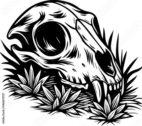 SVG vector of animal skull with floral elements, ideal for tattoo designs.Detailed Black and White Illustration of a Skull Among Grass