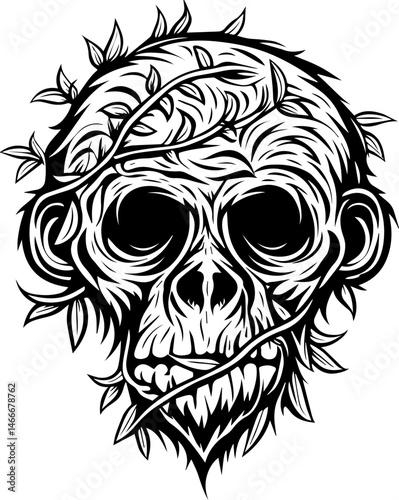SVG vector of animal skull with floral elements, ideal for tattoo designs.Skull with Thorny Vines in Intricate Black and White Design