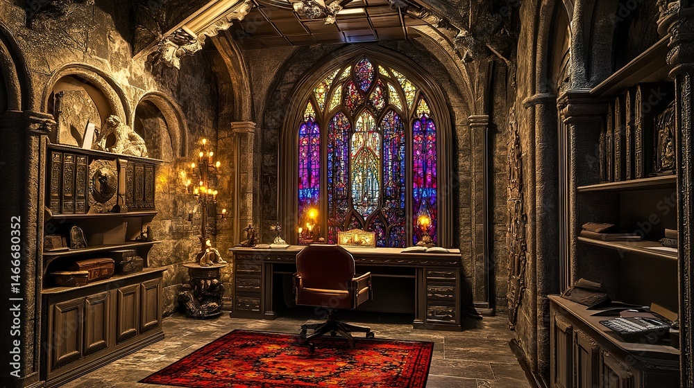 Obraz premium Elegant Gothic-themed home office, ornate stone archways and glowing stained glass windows, intricate carvings adorning walls, dramatic upward framing.