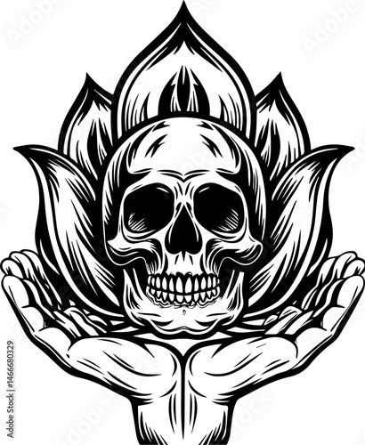 SVG vector featuring a beautifully detailed skull with floral designs. Skull Surrounded by Lotus Flower in Artistic Black and White Design
