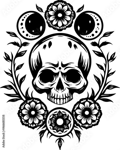 SVG vector featuring a beautifully detailed skull with floral designs. Skull Illustration Surrounded by Floral Elements and Moon Phases