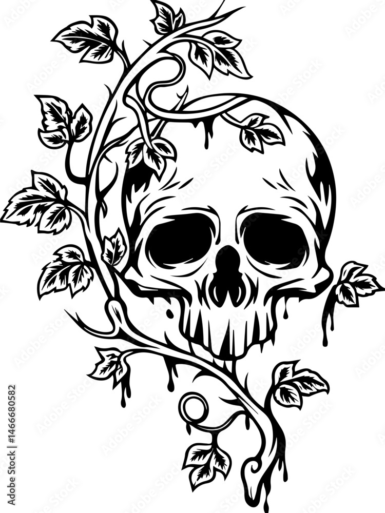 Fototapeta premium SVG vector featuring a beautifully detailed skull with floral designs. Intricate Skull Design with Vines and Ivy for Artistic Creations