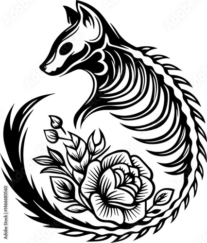 SVG vector featuring a beautifully detailed skull with floral designs. Black and White Illustration of Animal Skeleton with Flower Design