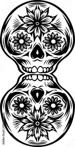 SVG vector featuring a beautifully detailed skull with floral designs. Black and White Sugar Skull Design with Floral Elements