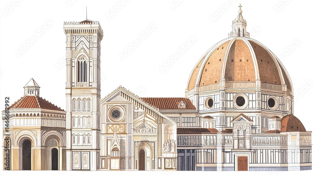 Obraz premium Florence Cathedral's stunning architecture, intricate patterns and statues on the marble facade, Brunelleschi's terracotta dome rising high, clean white background enhancing the design 