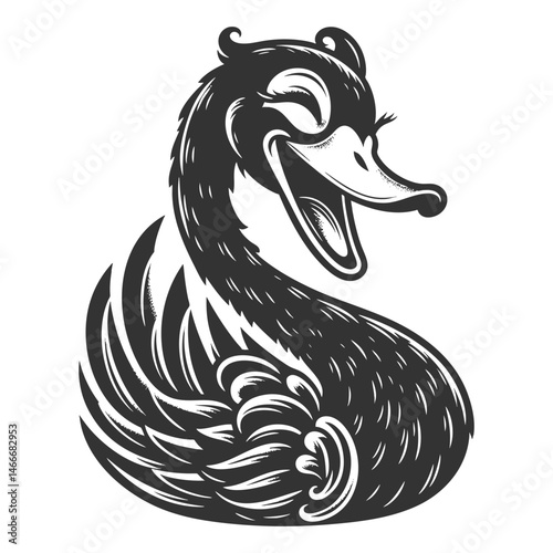 cartoonish black swan laughing loudly, offering a satirical twist on the black swan metaphor sketch engraving generative ai vector illustration. Scratch board imitation. Black and white image.