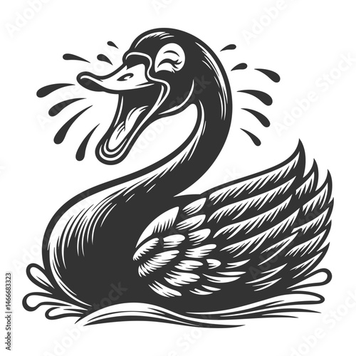 cartoonish black swan laughing loudly, offering a satirical twist on the black swan metaphor sketch engraving generative ai vector illustration. Scratch board imitation. Black and white image.