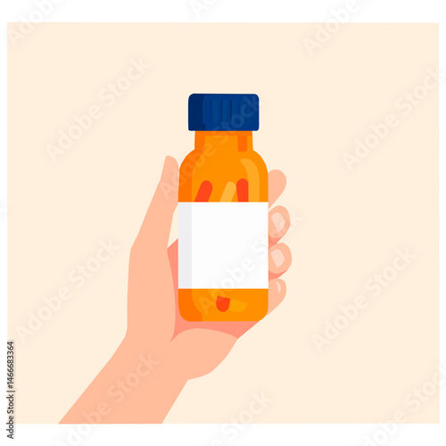 Vector illustration of a hand holding a clear bottle of pills with a white label, on a light background.