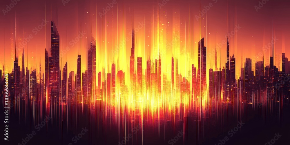 Fototapeta premium Fiery Skyline Abstract Cityscape Glows with Orange Red Light.