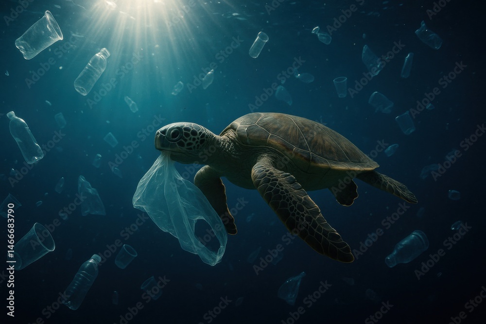 Fototapeta premium Sea turtle underwater surrounded by plastic pollution, highlighting environmental issues.