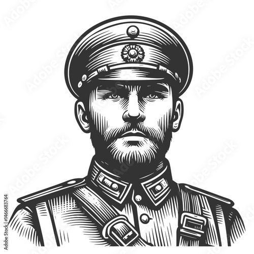military officer in historic uniform and cap, drawn in retro vintage style sketch engraving generative ai fictional character vector illustration. Scratch board imitation. Black and white image.