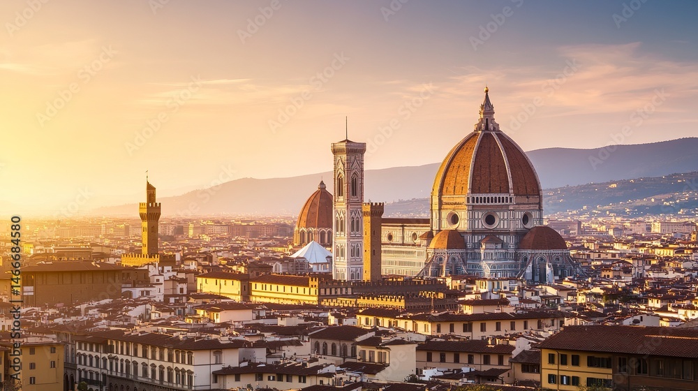 Fototapeta premium Florence's iconic Duomo glowing in soft dawn light, intricate patterns on its facade catching golden hues, serene atmosphere, panoramic cityscape view. 