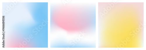 Light blue, yellow and rose pink gradient background. Abstract romantic sky texture. Dreamy sky gradation pattern. Aesthetic bg. Set of 3 square vector gradient background for poster, social post