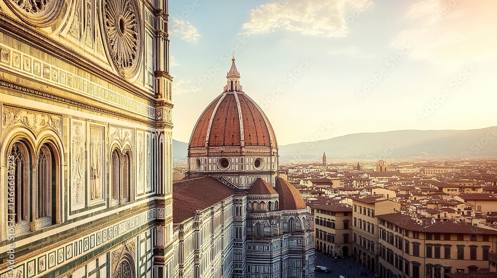 Fototapeta premium Florence's iconic Duomo glowing in soft dawn light, intricate patterns on its facade catching golden hues, serene atmosphere, panoramic cityscape view. 