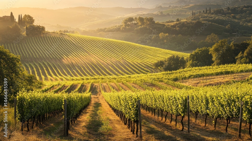 Naklejka premium Lush vineyard rows stretch across rolling hills at sunrise