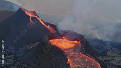 Volcanic Eruption with Lava Flowing – Fire Bursting from Cracks, Intense Glowing Heat, Cinematic Realism
