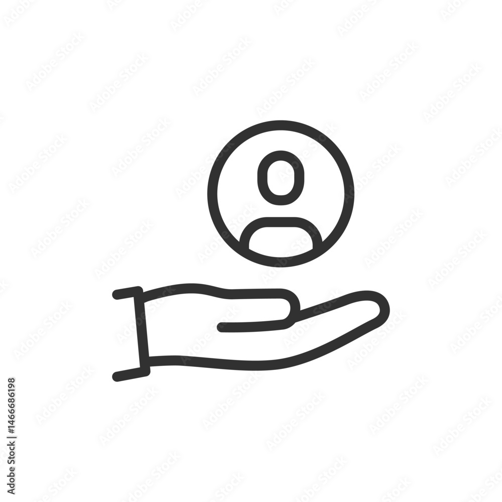 Naklejka premium User on hand, linear icon. Customer care and trust. Line with editable stroke.