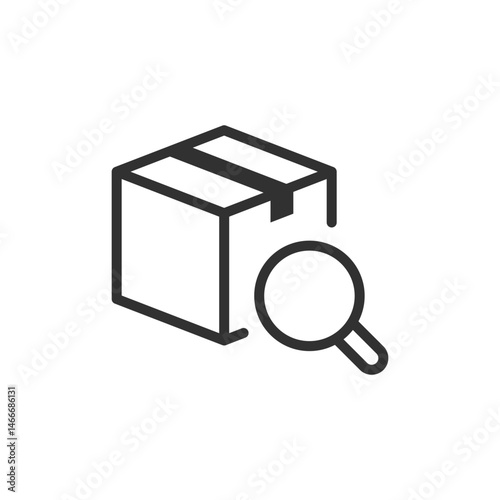 Box with magnifying glass, linear icon. Parcel tracking or product inspection. Line with editable stroke.