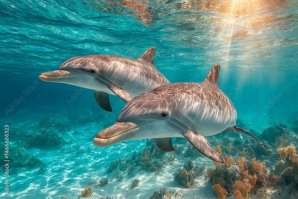 Naklejka premium Dolphins Underwater. Two dolphins swim gracefully in crystal-clear