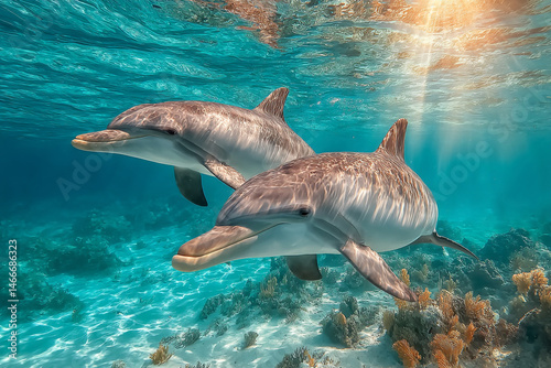 Dolphins Underwater. Two dolphins swim gracefully in crystal-clear
