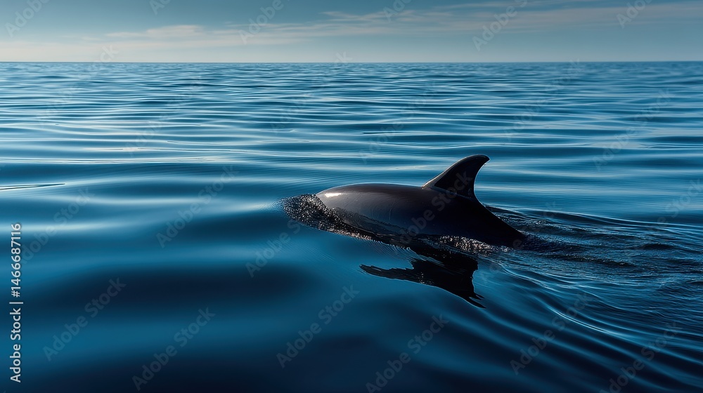 Fototapeta premium A single dolphin floating peacefully in calm sea, distant framing with soft ripples and natural light